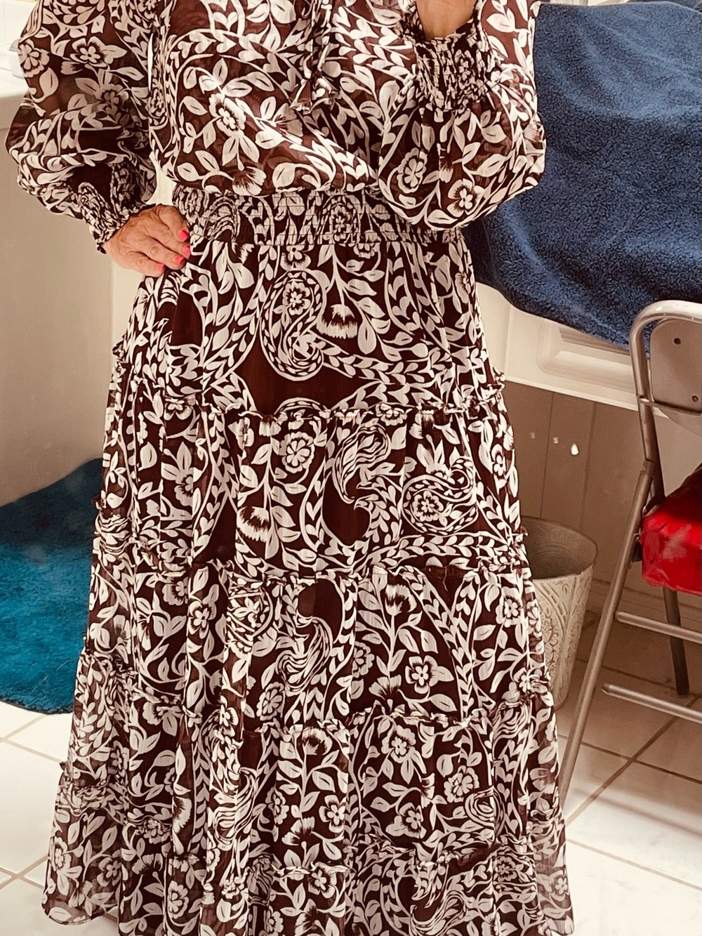 MSK Brown & White Floral Paisley Maxi Dress with Tie Neck &Elastic waist band. - Picture 10 of 12